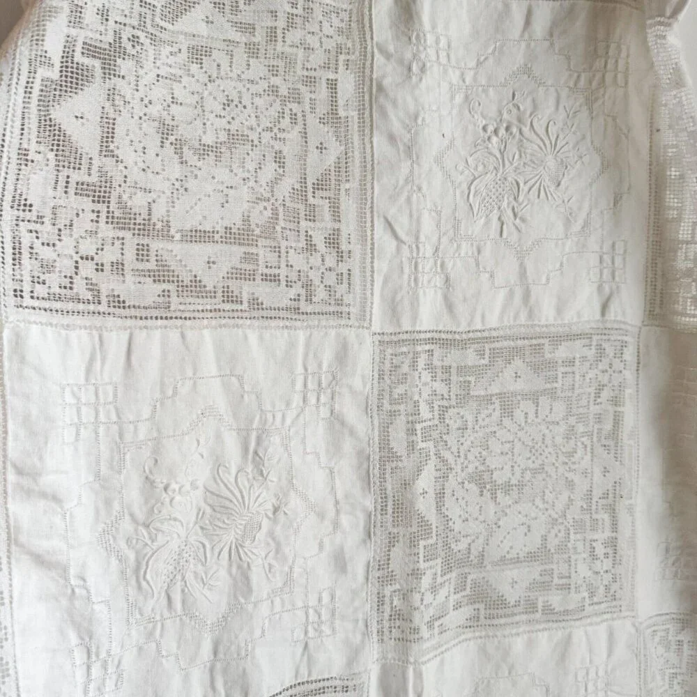Vintage White Cotton Crochet Lace Embroidered Squares Table Covering Cloth